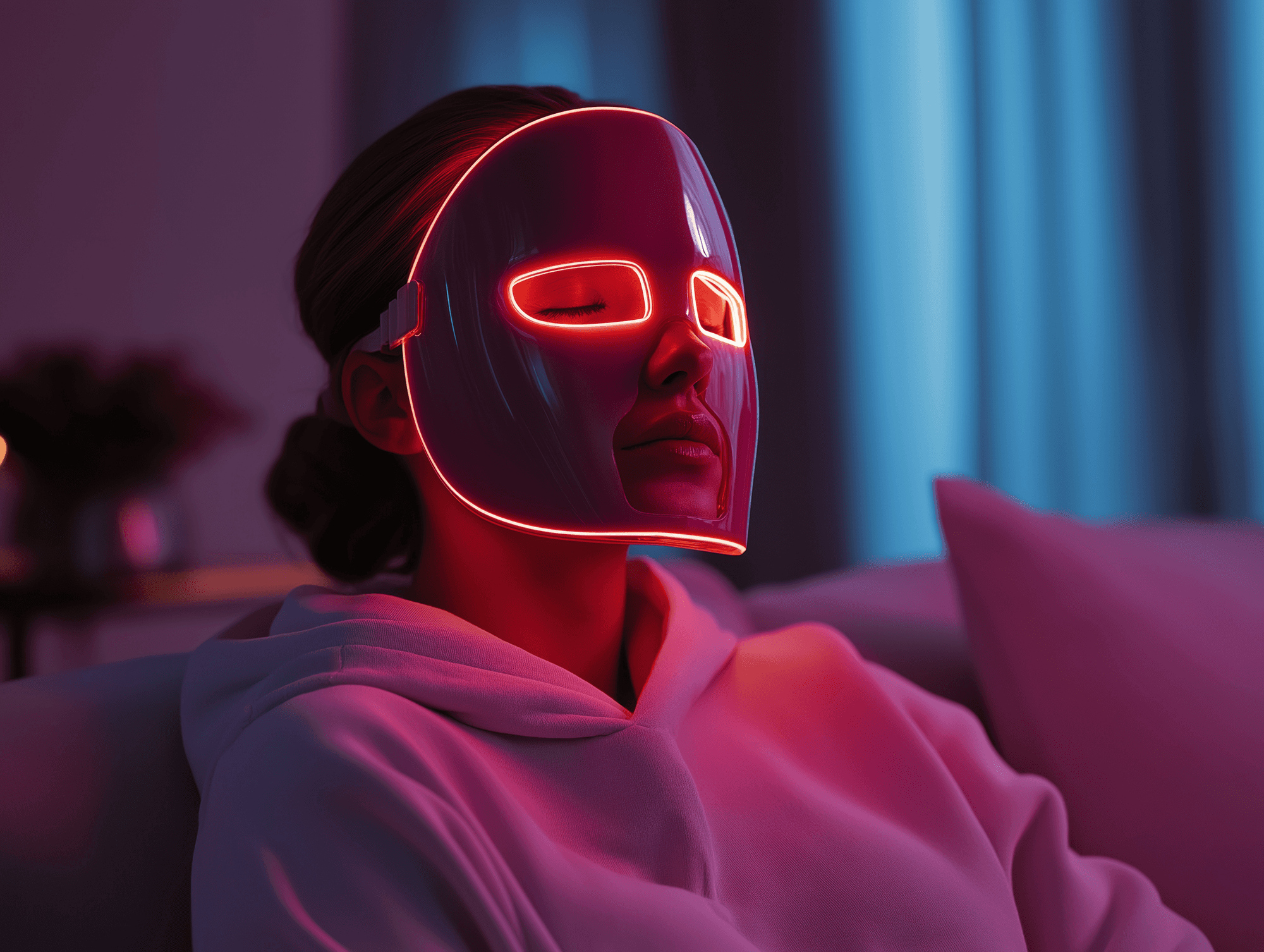Red light therapy mask in use